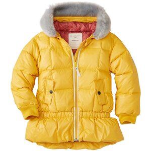 HANNA ANDERSSON 120 Yellow Down Feather Jacket Faux Fur Trim Hooded Puffer
